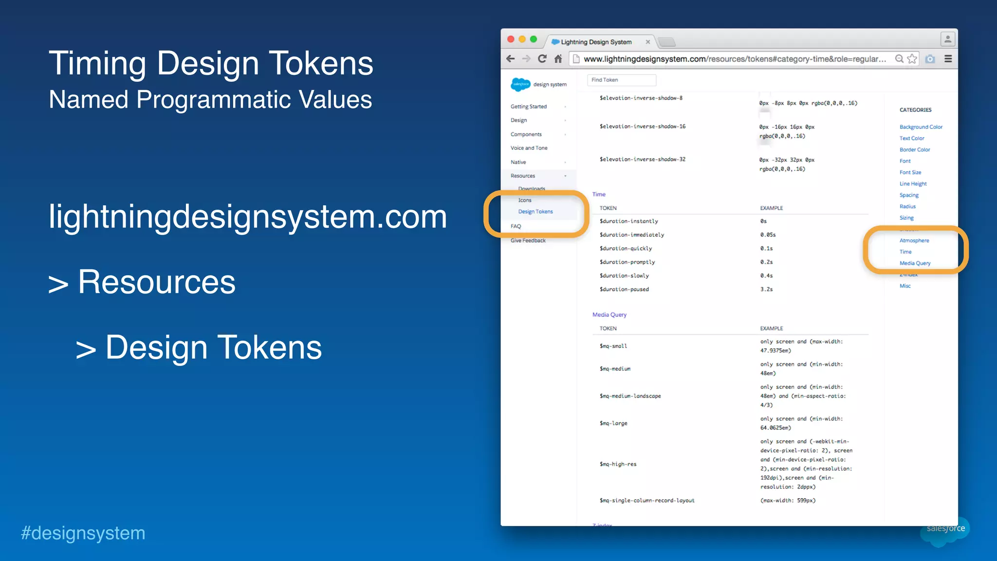 #designsystem
lightningdesignsystem.com
> Resources
> Design Tokens
Timing Design Tokens
Named Programmatic Values
 