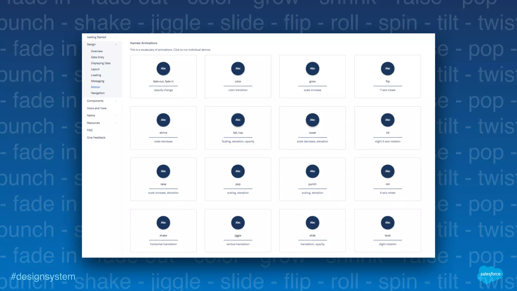 #designsystem
fade in - fade out - color - grow - shrink - raise - pop -
punch - shake - jiggle - slide - flip - roll - spin - tilt - twist
- fade in - fade out - color - grow - shrink - raise - pop -
punch - shake - jiggle - slide - flip - roll - spin - tilt - twist
- fade in - fade out - color - grow - shrink - raise - pop -
punch - shake - jiggle - slide - flip - roll - spin - tilt - twist
- fade in - fade out - color - grow - shrink - raise - pop -
punch - shake - jiggle - slide - flip - roll - spin - tilt - twist
- fade in - fade out - color - grow - shrink - raise - pop -
punch - shake - jiggle - slide - flip - roll - spin - tilt - twist
- fade in - fade out - color - grow - shrink - raise - pop -
punch - shake - jiggle - slide - flip - roll - spin - tilt - twist
 