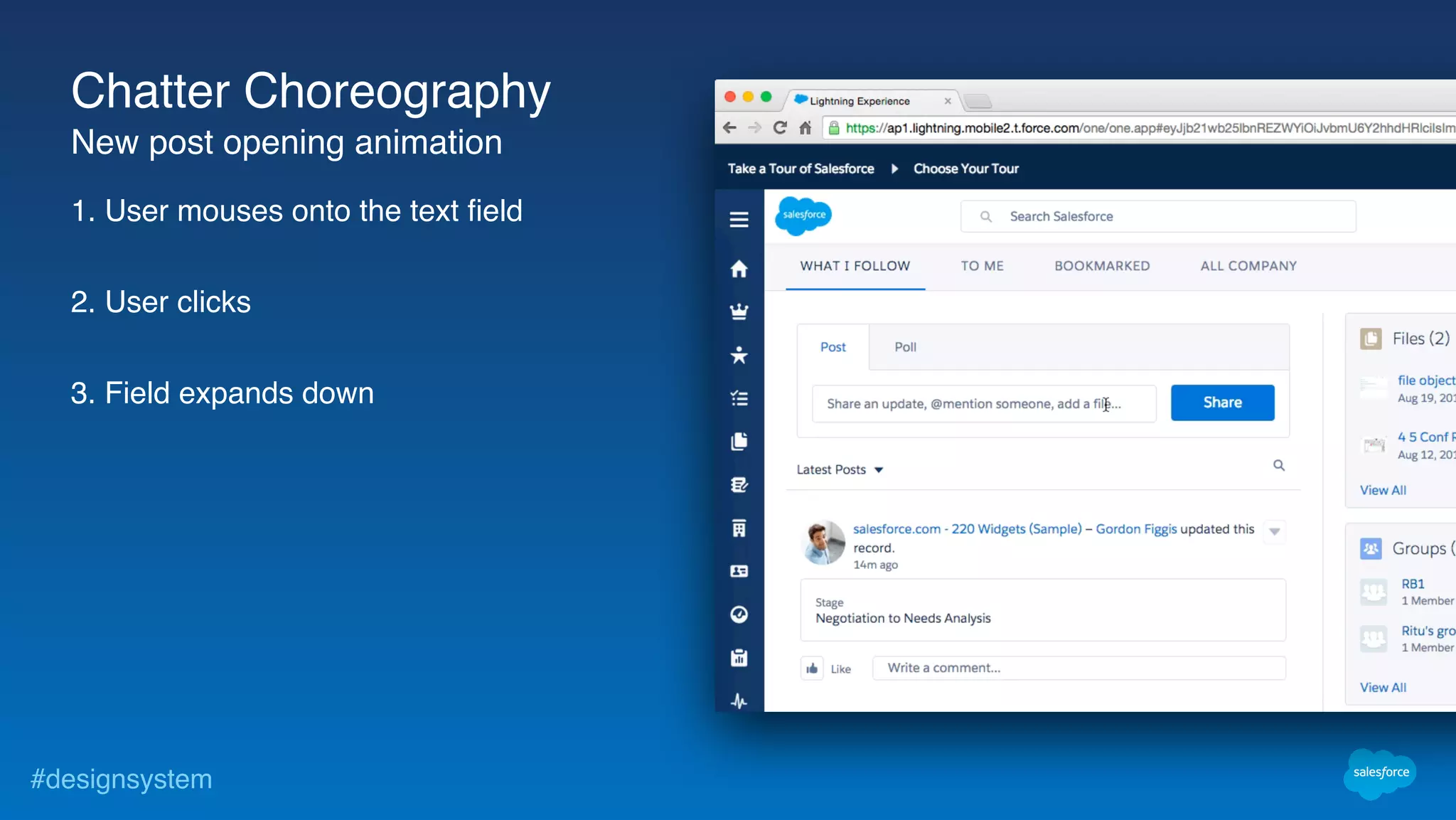 #designsystem
1. User mouses onto the text field
2. User clicks
3. Field expands down
Chatter Choreography
New post opening animation
 
