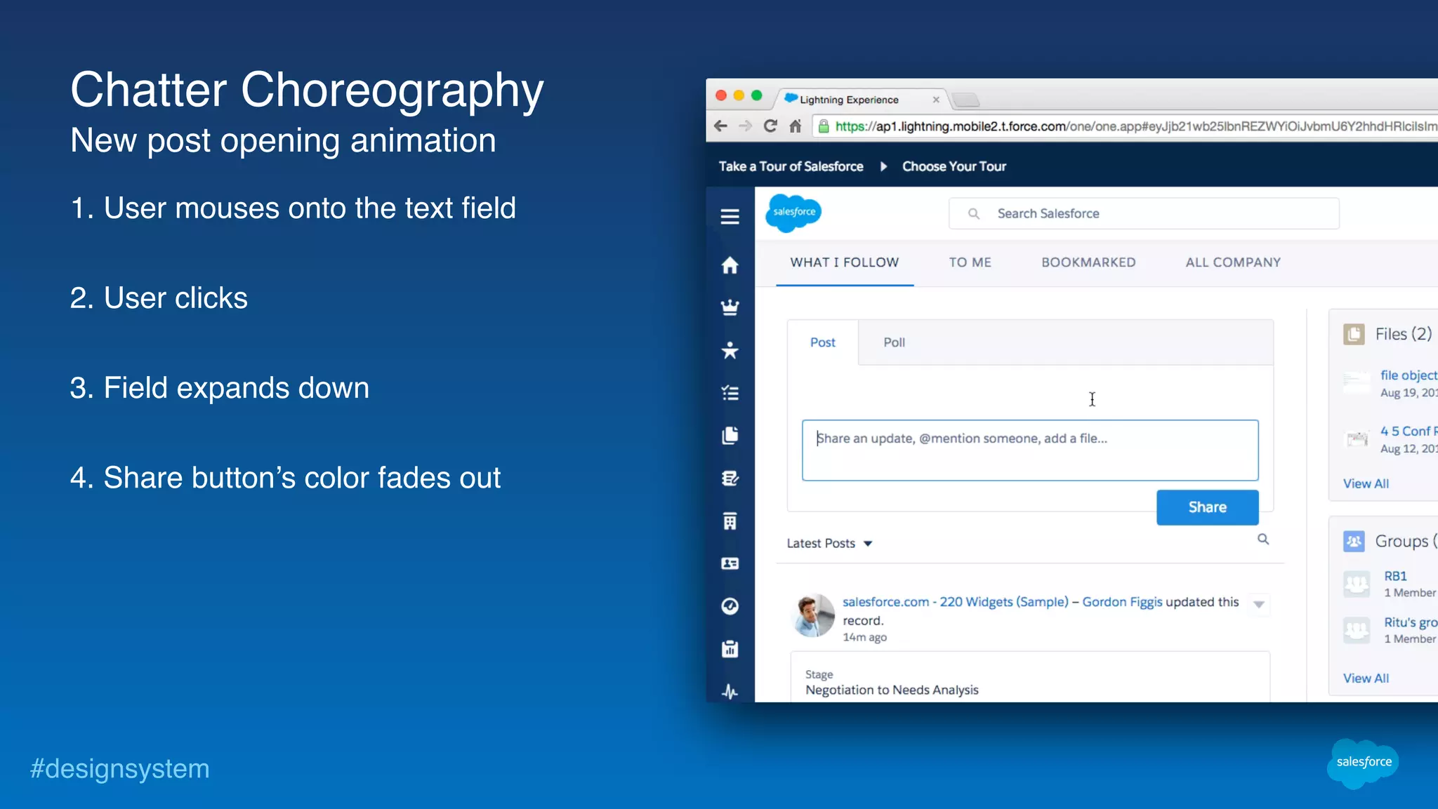#designsystem
1. User mouses onto the text field
2. User clicks
3. Field expands down
4. Share button’s color fades out
Chatter Choreography
New post opening animation
 