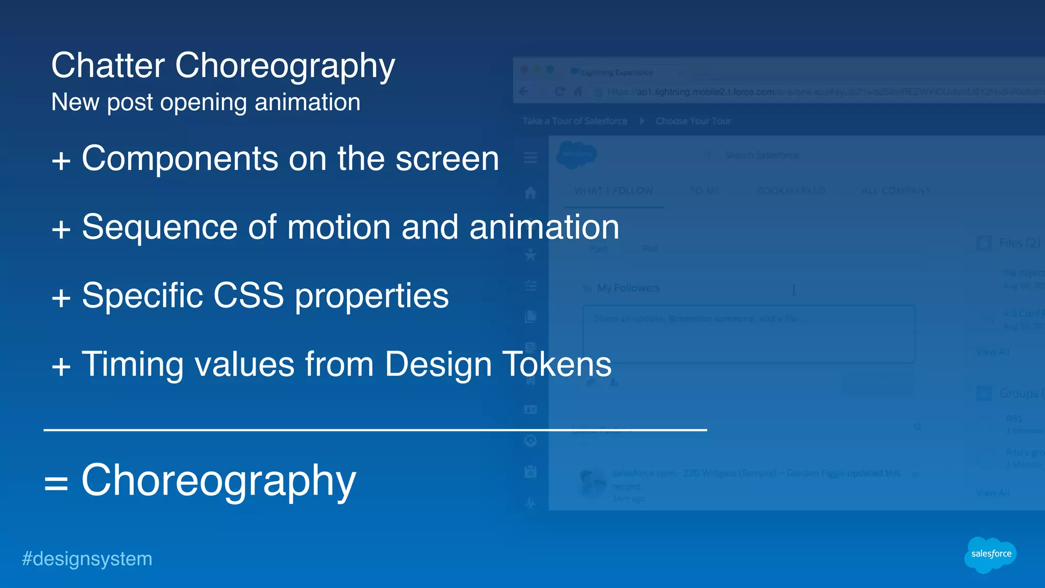 #designsystem
+ Components on the screen
+ Sequence of motion and animation
+ Specific CSS properties
+ Timing values from Design Tokens
= Choreography
Chatter Choreography
New post opening animation
 
