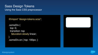 #designsystem
@import “design-tokens.scss”;
.someDiv {
top: 0;
transition: top
$duration-slowly linear;
}
.someDiv.on { top: 100px; }
Sass Design Tokens
Using the Sass CSS preprocessor
 