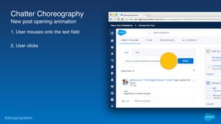 #designsystem
1. User mouses onto the text field
2. User clicks
Chatter Choreography
New post opening animation
 