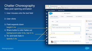 #designsystem
1. User mouses onto the text field
2. User clicks
3. Field expands down
height 0.4s
4. Share button’s color fades out
background color 0.5s, top 0.1s
5. To: and tools fade in
opacity 0.4s
Chatter Choreography
New post opening animation
 