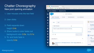 #designsystem
1. User mouses onto the text field
2. User clicks
3. Field expands down
height 0.4s
4. Share button’s color fades out
background color 0.5s, top 0.1s
5. To: and tools fade in
opacity 0.4s
Chatter Choreography
New post opening animation
 
