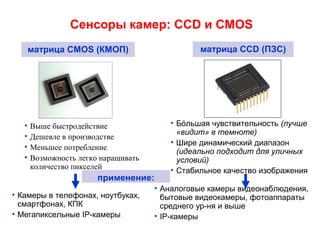 Сенсоры камер: CCD и CMOS
матрица CMOS (КМОП) матрица CCD (ПЗС)
• Выше быстродействие
• Дешевле в производстве
• Меньшее потребление
• Возможность легко наращивать
количество пикселей
• Бóльшая чувствительность (лучше
«видит» в темноте)
• Шире динамический диапазон
(идеально подходит для уличных
условий)
• Стабильное качество изображения
применение:
• Камеры в телефонах, ноутбуках,
смартфонах, КПК
• Мегапиксельные IP-камеры
• Аналоговые камеры видеонаблюдения,
бытовые видеокамеры, фотоаппараты
среднего ур-ня и выше
• IP-камеры
 