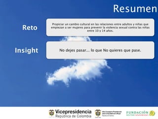 Resumen
           Propiciar un cambio cultural en las relaciones entre adultos y niñas que
  Reto    empiezan a ser mujeres para prevenir la violencia sexual contra las niñas
                                     entre 10 y 14 años.




Insight         No dejes pasar... lo que No quieres que pase.
 