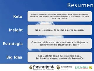 Resumen
              Propiciar un cambio cultural en las relaciones entre adultos y niñas que
     Reto    empiezan a ser mujeres para prevenir la violencia sexual contra las niñas
                                        entre 10 y 14 años.




   Insight         No dejes pasar... lo que No quieres que pase.




              Crear una red de protección infantil dónde las Mujeres se
Estrategia            solidaricen con la prevención del abuso.




                     Las Madrinas serán nuestras Heroínas...
 Big Idea          Sus historias nuestro camino a la Prevención
 