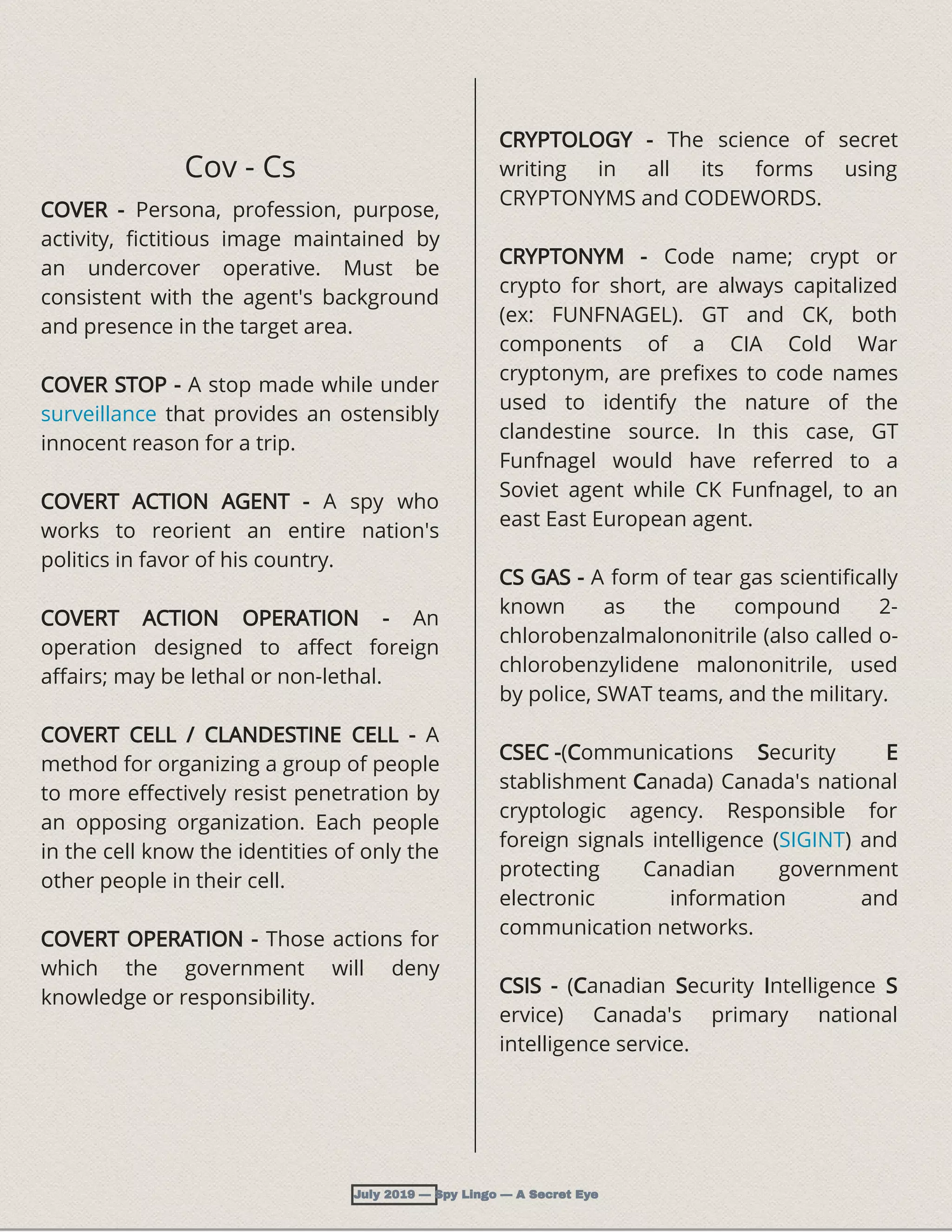 Spy Lingo - A Compendium Of Terms Used In The Intelligence Trade | PDF