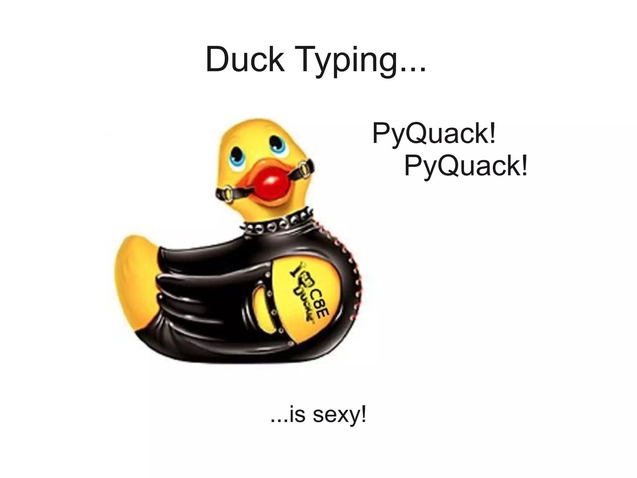 Duck Typing...

                  PyQuack!
                    PyQuack!




    ...is sexy!
 