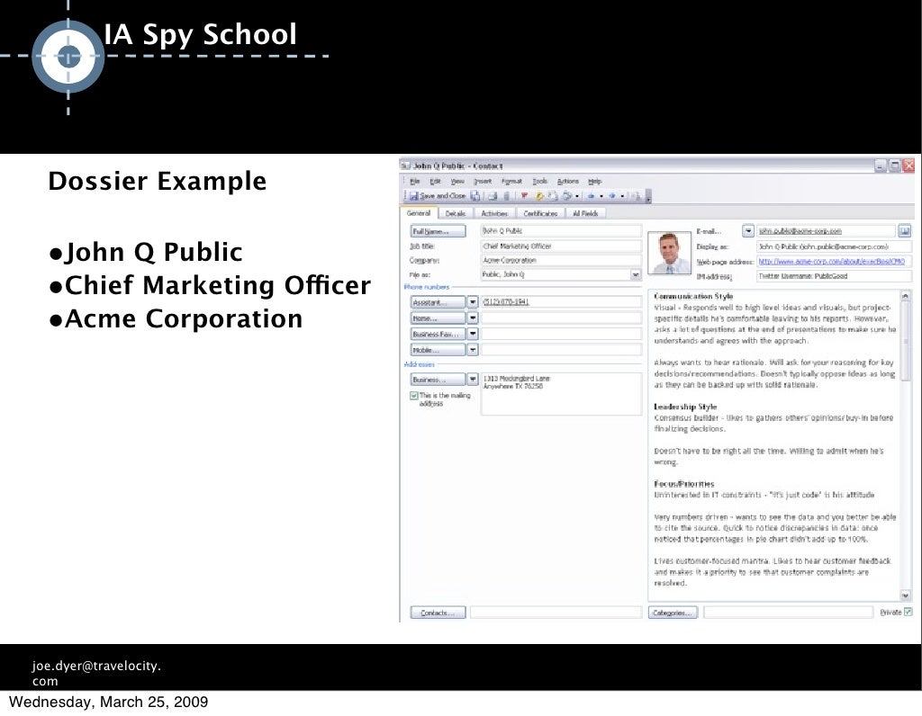 IA Spy School Dossier Example