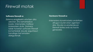 Firewall motak
Software firewall-a:
Sistema eragileekin etortzen dira
askotan. Eta beharrezkoa
bada, Interneteko trafikoa
blokeatzen dute. Gainera,
talde honetan software firewall
komertzialak daude segurtasun
handiago bat ematen
dizkigutenak.

Hardware firewall-a:
Internetera konektatzeko erabiltzen
ditugun router-etan agertzen
dira. Router-ra erosterakoan
firewall izatea edo ez hauta
genezake.

 