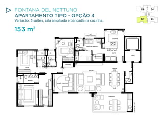 FONTANA DEL NETTUNO
APARTAMENTO TIPO - OPÇÃO 4

Variação: 3 suítes, sala ampliada e bancada na cozinha.

153 m2

 