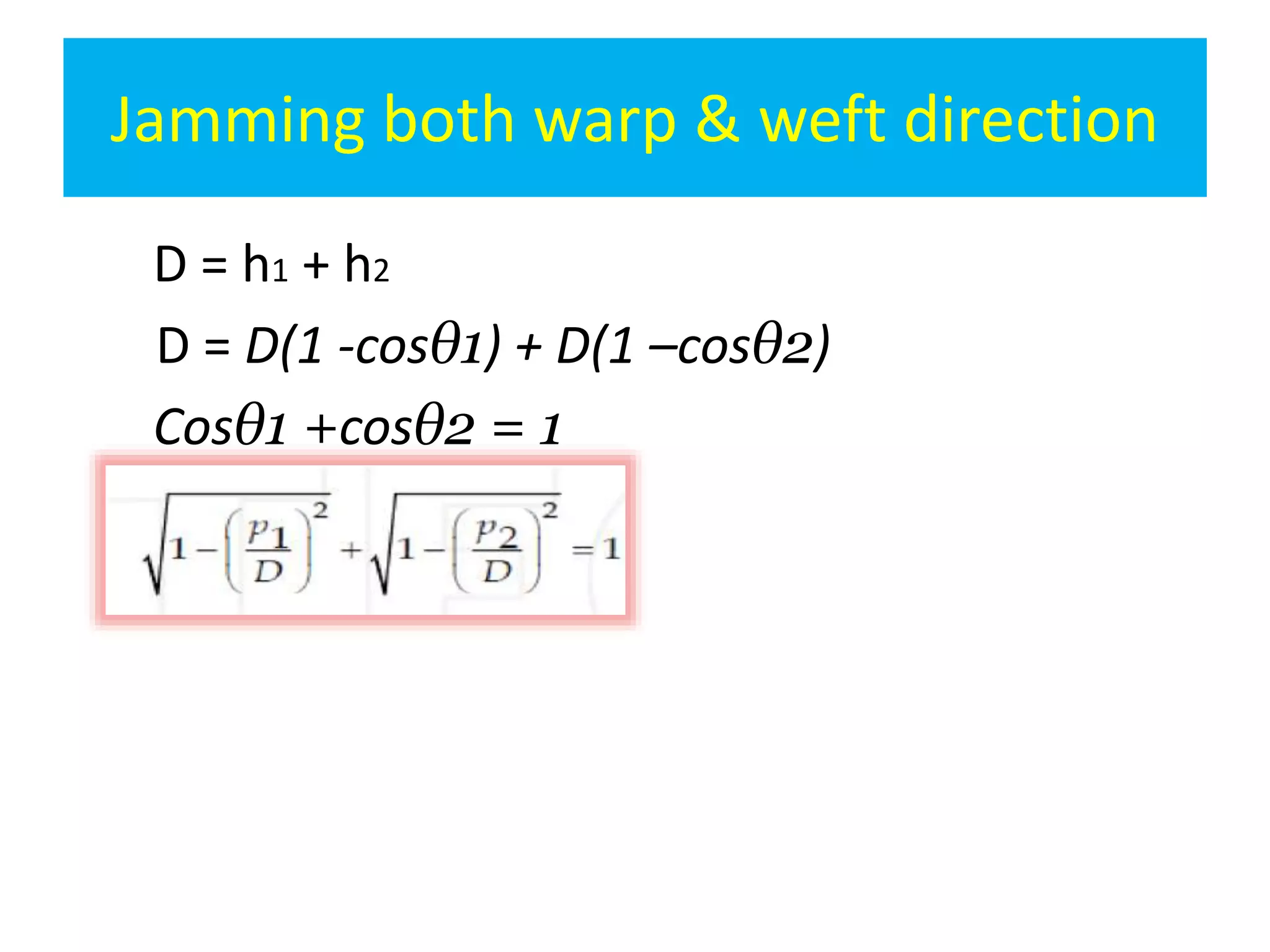 Jamming both warp & weft direction
D = h1 + h2
D = D(1 -cosθ1) + D(1 –cosθ2)
Cosθ1 +cosθ2 = 1
 