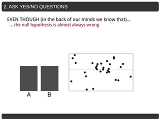 2. ASK YES/NO QUESTIONS
EVEN THOUGH (in the back of our minds we know that)...
… the null hypothesis is almost always wrong
 