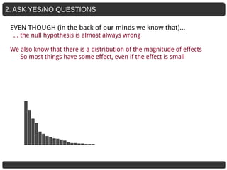 2. ASK YES/NO QUESTIONS
EVEN THOUGH (in the back of our minds we know that)...
… the null hypothesis is almost always wrong
We also know that there is a distribution of the magnitude of effects
So most things have some effect, even if the effect is small
 