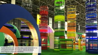 Espaço	
  dinâmico	
  com	
  grandes	
  tubos	
  onde	
  funcionavam	
  as	
  	
  
brincadeiras	
  de	
  esMmulo	
  à	
  leitura:	
  cabines	
  de	
  leitura,	
  	
  
trava-­‐línguas	
  e	
  projeções	
  intera3vas.
 