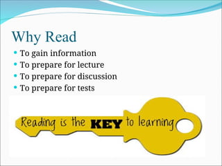 Why Read
 To gain information
 To prepare for lecture
 To prepare for discussion
 To prepare for tests
 
