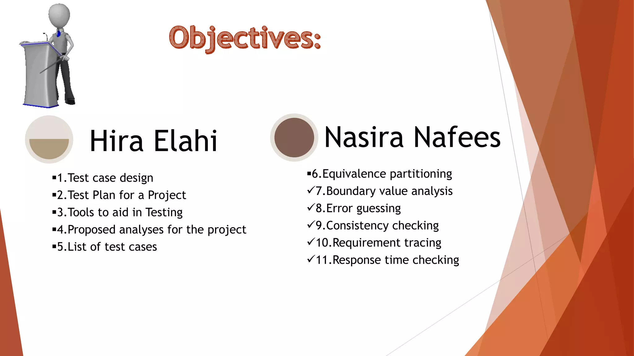 1.Test case design
2.Test Plan for a Project
3.Tools to aid in Testing
4.Proposed analyses for the project
5.List of test cases
Hira Elahi
6.Equivalence partitioning
7.Boundary value analysis
8.Error guessing
9.Consistency checking
10.Requirement tracing
11.Response time checking
Nasira Nafees
 