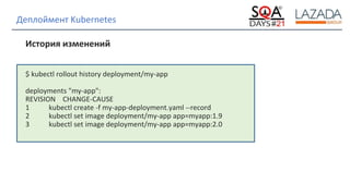 Strictly Confidential
Деплоймент Kubernetes
История изменений
$ kubectl rollout history deployment/my-app
deployments "my-app":
REVISION CHANGE-CAUSE
1 kubectl create -f my-app-deployment.yaml --record
2 kubectl set image deployment/my-app app=myapp:1.9
3 kubectl set image deployment/my-app app=myapp:2.0
 