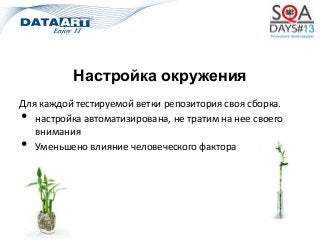 Настройка окружения
Для каждой тестируемой ветки репозитория своя сборка.
• настройка автоматизирована, не тратим на нее своего
внимания
• Уменьшено влияние человеческого фактора
 