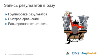 14 | © 2016 RingCentral, Inc. All rights reserved.
Запись результатов в базу
► Группировка результатов
► Быстрое сравнение
► Расширенная отчетность
 