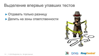 15 | © 2016 RingCentral, Inc. All rights reserved.
Выделение впервые упавших тестов
► Отдавать только разницу
► Делить на зоны ответственности
 