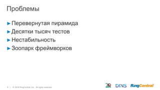 6 | © 2016 RingCentral, Inc. All rights reserved.
Проблемы
►Перевернутая пирамида
►Десятки тысяч тестов
►Нестабильность
►Зоопарк фреймворков
 