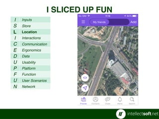 I Inputs
S Store
L Location
I Interactions
C Communication
E Ergonomics
D Data
U Usability
P Platform
F Function
U User Scenarios
N Network
I SLICED UP FUN
34
 