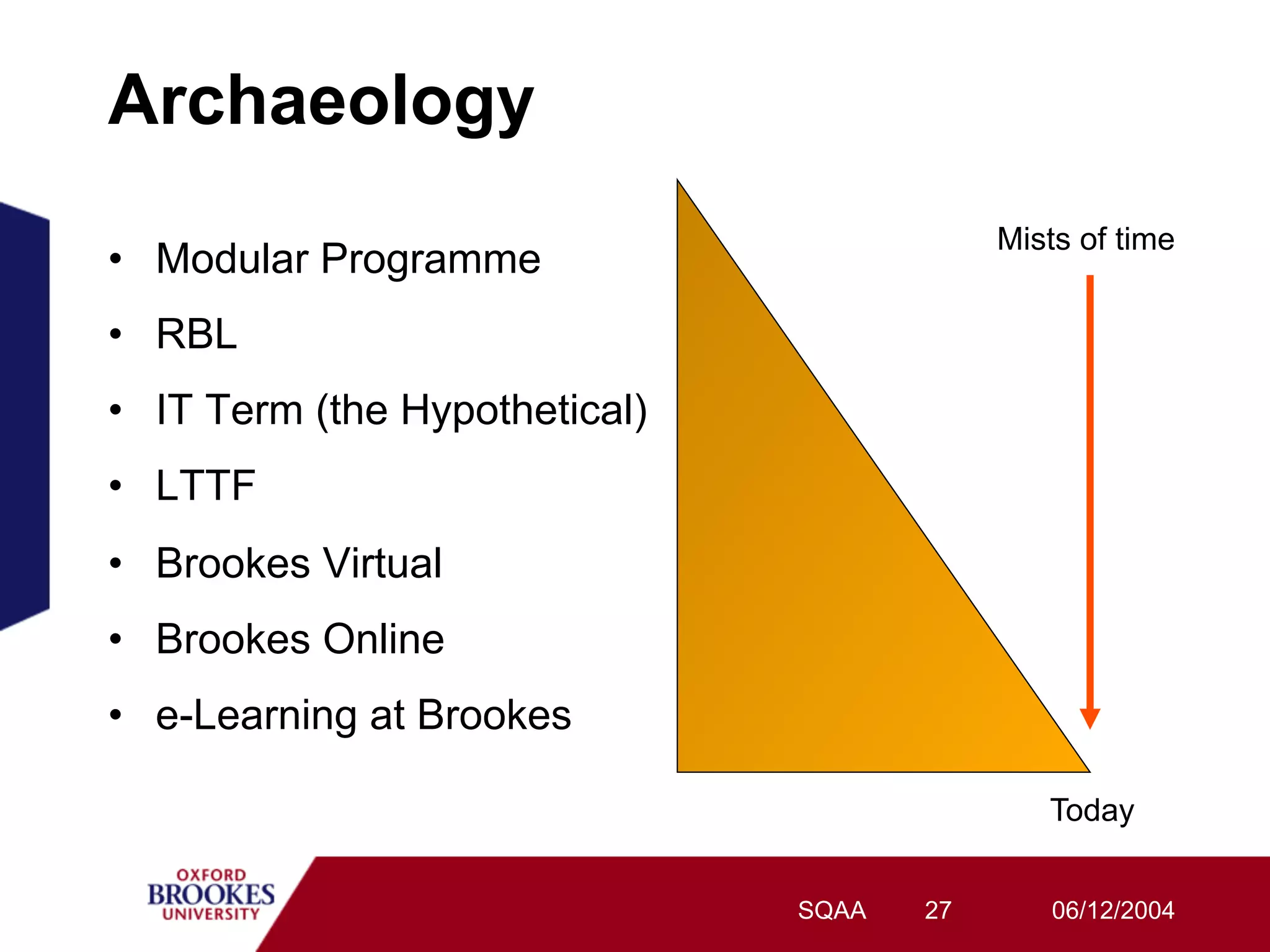 Archaeology
                                            Mists of time
•  Modular Programme
•  RBL
•  IT Term (the Hypothetical)
•  LTTF
•  Brookes Virtual
•  Brookes Online
•  e-Learning at Brookes

                                               Today


                                SQAA   27       06/12/2004
 