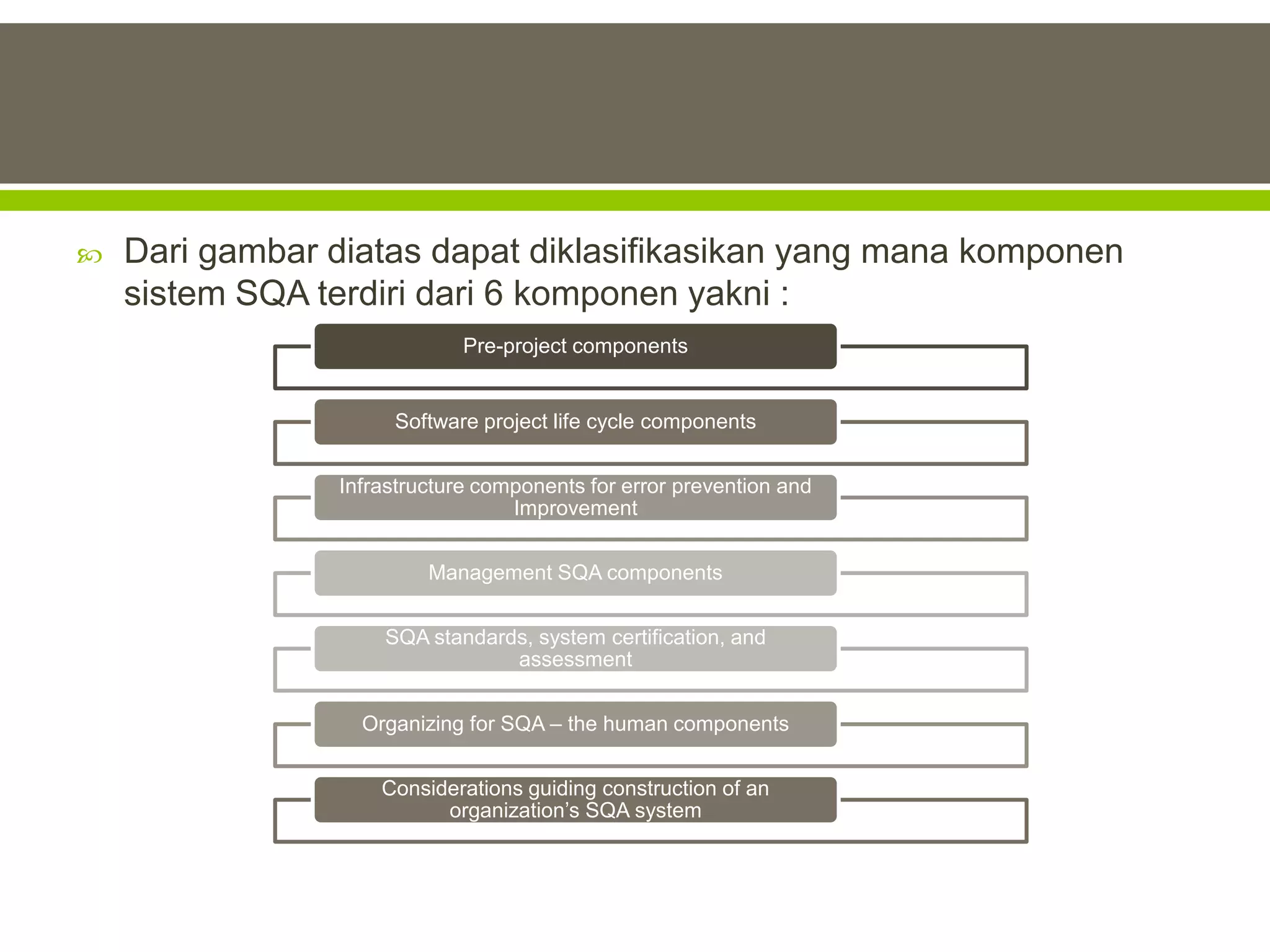    Dari gambar diatas dapat diklasifikasikan yang mana komponen
    sistem SQA terdiri dari 6 komponen yakni :
                             Pre-project components


                     Software project life cycle components


                Infrastructure components for error prevention and
                                  Improvement


                         Management SQA components


                    SQA standards, system certification, and
                                assessment


                  Organizing for SQA – the human components


                    Considerations guiding construction of an
                          organization’s SQA system
 