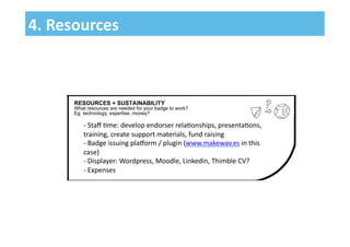 4.	
  Resources	
  
-­‐ 	
  Staﬀ	
  &me:	
  develop	
  endorser	
  rela&onships,	
  presenta&ons,	
  
training,	
  create	
  support	
  materials,	
  fund	
  raising	
  
-­‐ 	
  Badge	
  issuing	
  plaSorm	
  /	
  plugin	
  (www.makewav.es	
  in	
  this	
  
case)	
  
-­‐ 	
  Displayer:	
  Wordpress,	
  Moodle,	
  Linkedin,	
  Thimble	
  CV?	
  	
  	
  
-­‐ 	
  Expenses	
  
 