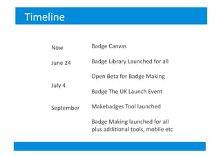 Badge	
  Canvas	
  
Badge	
  Library	
  Launched	
  for	
  all	
  
Open	
  Beta	
  for	
  Badge	
  Making	
  
Badge	
  The	
  UK	
  Launch	
  Event	
  
Makebadges	
  Tool	
  launched	
  
Badge	
  Making	
  launched	
  for	
  all	
  
plus	
  addi&onal	
  tools,	
  mobile	
  etc	
  
Timeline	
  
Now	
  
June	
  24	
  
July	
  4	
  	
  
September	
  
 