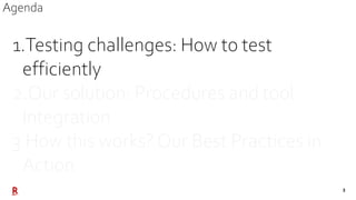 3
1.Testing challenges: How to test
efficiently
2.Our solution: Procedures and tool
Integration
3.How this works? Our Best...