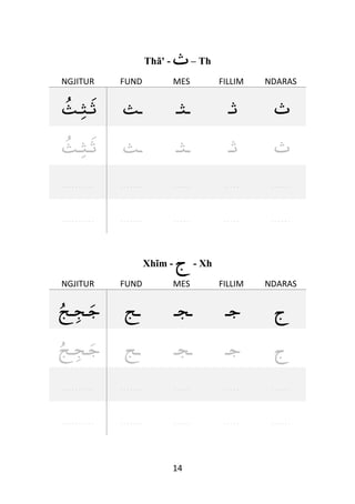 14
Thã' - ‫ث‬– Th
NGJITUR FUND MES FILLIM NDARAS
‫ـث‬‫ـث‬‫ث‬ ‫ـ‬‫ث‬ ‫ـ‬‫ث‬‫ـ‬ ‫ث‬‫ـ‬ ‫ث‬
‫ـث‬‫ـث‬‫ث‬ ‫ـ‬‫ث‬ ‫ـ‬‫ث‬‫ـ‬ ‫ث‬‫ـ‬ ‫ث‬
. . . . . . . . . . . . . . . . . . . . . . . . . . . . . . . . .
. . . . . . . . . . . . . . . . . . . . . . . . . . . . . . . . .
Xhĩm - ‫ج‬ - Xh
NGJITUR FUND MES FILLIM NDARAS
‫ـج‬‫ـج‬‫ج‬ ‫ـ‬‫ج‬ ‫ـ‬‫ج‬‫ـ‬ ‫ج‬‫ـ‬ ‫ج‬
‫ـج‬‫ـج‬‫ج‬ ‫ـ‬‫ج‬ ‫ـ‬‫ج‬‫ـ‬ ‫ج‬‫ـ‬ ‫ج‬
. . . . . . . . . . . . . . . . . . . . . . . . . . . . . . . . .
. . . . . . . . . . . . . . . . . . . . . . . . . . . . . . . . .
 