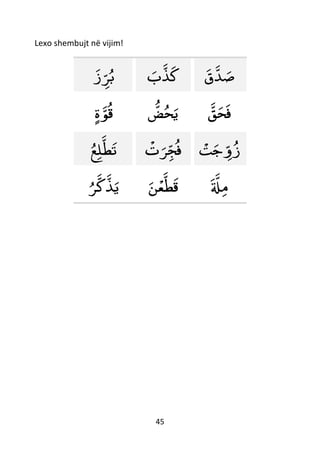45
Lexo shembujt në vijim!
‫ز‬‫ﺮ‬‫ب‬ ‫ب‬‫ﺬ‬‫ك‬ ‫ق‬‫ﺪ‬‫ص‬
ٍ‫ة‬‫ﻮ‬‫ق‬ ‫ض‬‫ح‬‫ي‬ ‫ق‬‫ح‬‫ف‬
‫ع‬‫ل‬‫ط‬‫ت‬
ْ
‫ت‬‫ﺮ‬‫ج‬‫ف‬
ْ
‫ت‬‫ج‬‫و‬‫ز‬
‫ﺮ‬‫ك‬‫ﺬ‬‫ي‬ ‫ن‬
ْ
‫ع‬‫ط‬‫ق‬ ‫ل‬‫م‬
 