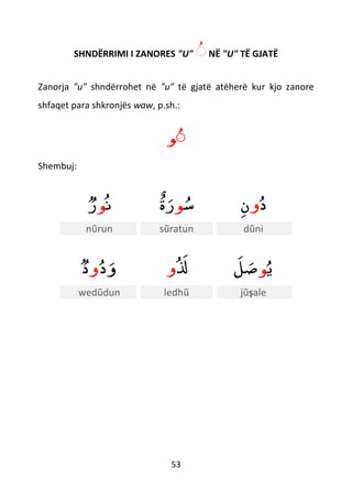 53
SHNDËRRIMI I ZANORES "U" ّNË "U" TË GJATË
Zanorja "u" shndërrohet në "u" të gjatë atëherë kur kjo zanore
shfaqet para shkronjës waw, p.sh.:
ّ‫ﻮ‬
Shembuj:
‫ن‬‫ﻮ‬‫ر‬ ‫س‬‫ﻮ‬
ٌ
‫ة‬‫ر‬ ‫د‬‫و‬‫ن‬
nũrun sũratun dũni
‫د‬‫و‬‫و‬‫د‬ ‫َل‬‫و‬ ‫ي‬‫ﻮ‬‫ل‬‫ص‬
wedũdun ledhũ jũṣale
 