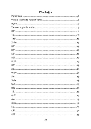 79
Përmbajtja
Parathënie ............................................................................................3
Vlera e leximit të Kuranit fisnik............................................................5
Hyrje......................................................................................................7
Zanoret e gjuhës arabe....................................................................... 9
Bã' ........................................................................................................11
Tã'.........................................................................................................11
Thã' ..................................................................................................... 13
Xhĩm.................................................................................................... 13
Ḥã'....................................................................................................... 15
Ḣẫ'....................................................................................................... 15
Elif ....................................................................................................... 17
Dãl....................................................................................................... 17
Dhãl.....................................................................................................19
Rẫ'.......................................................................................................19
Zãj........................................................................................................ 21
Wãw.................................................................................................... 21
Sĩn .......................................................................................................23
Shĩn .....................................................................................................23
Ṣẫd.......................................................................................................25
Ḍẫd......................................................................................................25
Ṭẫ'........................................................................................................27
Ḍhẫ'.....................................................................................................27
Ӑjn ...................................................................................................... 29
Ġajn.................................................................................................... 29
Fã'........................................................................................................ 31
Ḳẫf ....................................................................................................... 31
Kẽf.......................................................................................................33
 