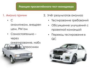 Реакция просветлённого тест-менеджера

1. Анализ причин             2. Учѐт результатов анализа
   • С                          • Тестирование требований
     аналитиком, внедрен        • Обсуждение улучшений с
     цем, РМ’ом                    проектной командой
   • Самостоятельно –           • Переход тестирования в
     через                         QC
     анкетирование, набл
     юдение, опросники
 