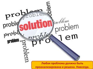 Любая проблема должна быть
проанализирована и решена. Навсегда.
 