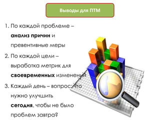 Выводы для ПТМ

1. По каждой проблеме –
  анализ причин и
  превентивные меры

2. По каждой цели –
  выработка метрик для
  своевременных изменений

3. Каждый день – вопрос: что
  нужно улучшить
  сегодня, чтобы не было
  проблем завтра?
 