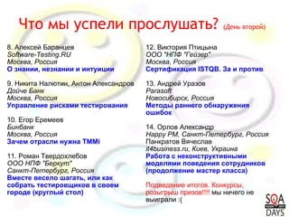 8. Алексей Баранцев Software-Testing.RU Москва, Россия О знании, незнании и интуиции 9. Никита Налютин, Антон Александров Дойче Банк Москва, Россия Управление рисками тестирования 10. Егор Еремеев Бинбанк  Москва, Россия Зачем отрасли нужна TMMi 11. Роман Твердохлебов ООО НПФ "Беркут" Санкт-Петербург, Россия Вместе весело шагать, или как собрать тестировщиков в своем городе (круглый стол) 12. Виктория Птицына ООО "НПФ "Гейзер" Москва, Россия Сертификация ISTQB. За и против   13. Андрей Уразов Parasoft Новосибирск, Россия Методы раннего обнаружения ошибок 14. Орлов Александр Happy PM, Санкт-Петербург, Россия Панкратов Вячеслав it4business.ru, Киев, Украина Работа с неконструктивными моделями поведения сотрудников (продолжение мастер класса) Подведение итогов. Конкурсы, розыгрыш призов!!!!  мы ничего не выиграли :( Что мы успели прослушать?  (День второй) 