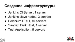 Создание инфраструктуры
● Jenkins CI Server, 1 server
● Jenkins slave nodes, 3 servers
● Selenium GRID, 10 servers
● Yandex Tank Host, 1 server
● Test Application, 5 servers
 