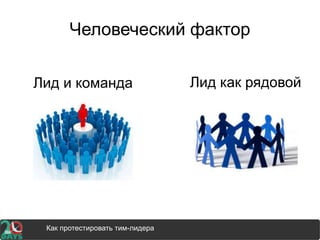 Человеческий фактор
Лид и команда Лид как рядовой
Как протестировать тим-лидера
 