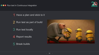‹ ›52
Run test in Continuous Integration
1 Have a plan and stick to it
2 Run test as part of build
3 Run test locally
4 Re...