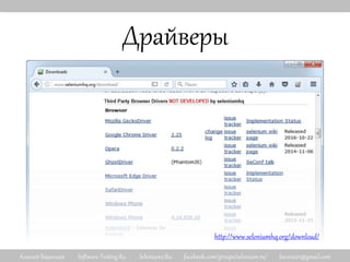 Алексей Баранцев Software-Testing.Ru Selenium2.Ru facebook.com/groups/selenium.ru/ barancev@gmail.com
Драйверы
http://www.seleniumhq.org/download/
 
