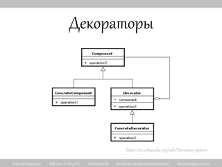 Алексей Баранцев Software-Testing.Ru Selenium2.Ru facebook.com/groups/selenium.ru/ barancev@gmail.com
Декораторы
https://en.wikipedia.org/wiki/Decorator_pattern
 