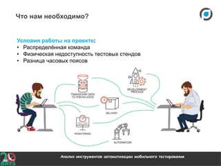 Анализ инструментов автоматизации мобильного тестирования
Что нам необходимо?
Условия работы на проекте:
• Распределённая команда
• Физическая недоступность тестовых стендов
• Разница часовых поясов
 