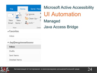 24Автоматизация UI тестирования в неконтролируемо улучшаемой внешней среде
Microsoft Active Accessibility
UI Automation
Managed
Java Access Bridge
 