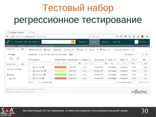 30Автоматизация UI тестирования в неконтролируемо улучшаемой внешней среде
Тестовый набор
регрессионное тестирование
 